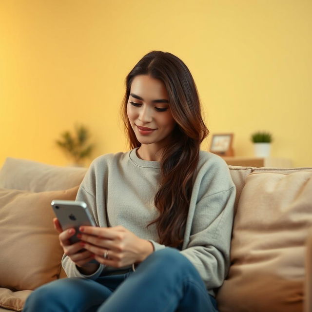 A young woman sitting comfortably on a cozy sofa, focused on her mobile phone