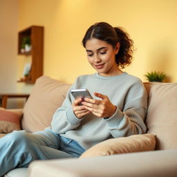 A young woman sitting comfortably on a cozy sofa, focused on her mobile phone