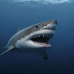 A 4K resolution, photo-realistic image of a formidable shark gliding through the deep, enigmatic waters of the ocean, with its menacing teeth on full display