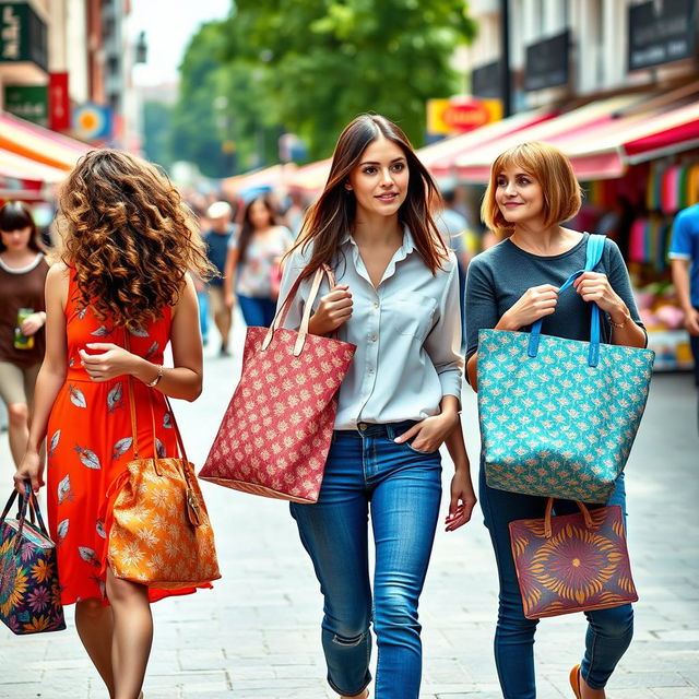 A group of stylish women walking in a vibrant urban setting, each carrying fashionable tote bags