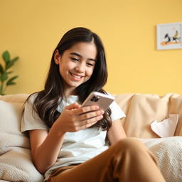 A Spanish girl sitting comfortably on a cozy sofa, attentively looking at her mobile phone