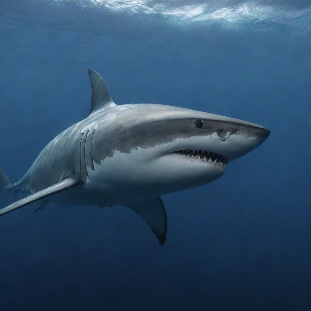 A 4K resolution, photo-realistic image of a formidable shark gliding through the deep, enigmatic waters of the ocean, with its menacing teeth on full display
