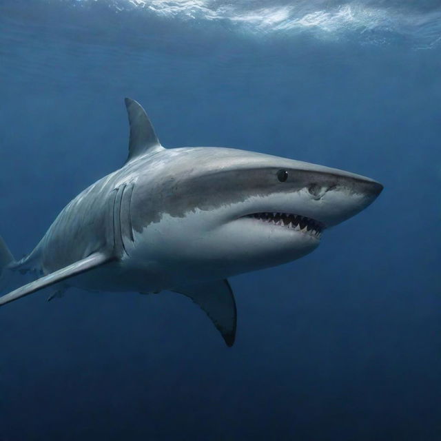 A 4K resolution, photo-realistic image of a formidable shark gliding through the deep, enigmatic waters of the ocean, with its menacing teeth on full display