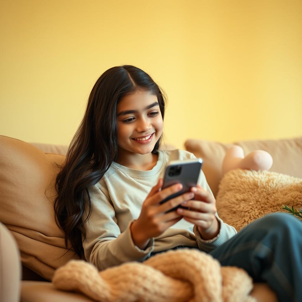 A Spanish girl sitting comfortably on a cozy sofa, attentively looking at her mobile phone