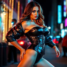 A hot girl in a tight shiny black puffer corset, confidently posing with her legs spread apart