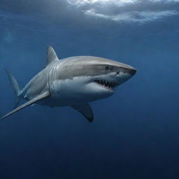 A 4K resolution, photo-realistic image of a formidable shark gliding through the deep, enigmatic waters of the ocean, with its menacing teeth on full display