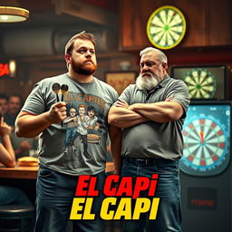 In an 80s movie style, a 25-year-old man who is stocky, very tall, and in poor physical shape holds a set of darts in his hand