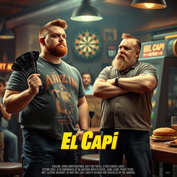 In an 80s movie style, a 25-year-old man who is stocky, very tall, and in poor physical shape holds a set of darts in his hand