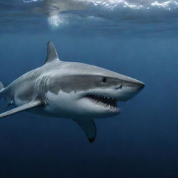 A 4K resolution, photo-realistic image of a formidable shark gliding through the deep, enigmatic waters of the ocean, with its menacing teeth on full display