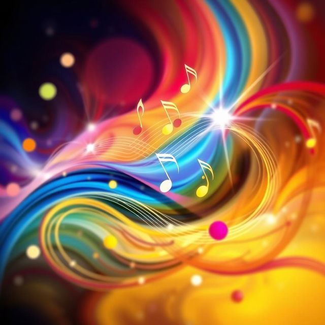 An abstract representation of music, featuring vibrant swirling colors that represent sound waves in motion, with musical notes floating and intertwining among the colors