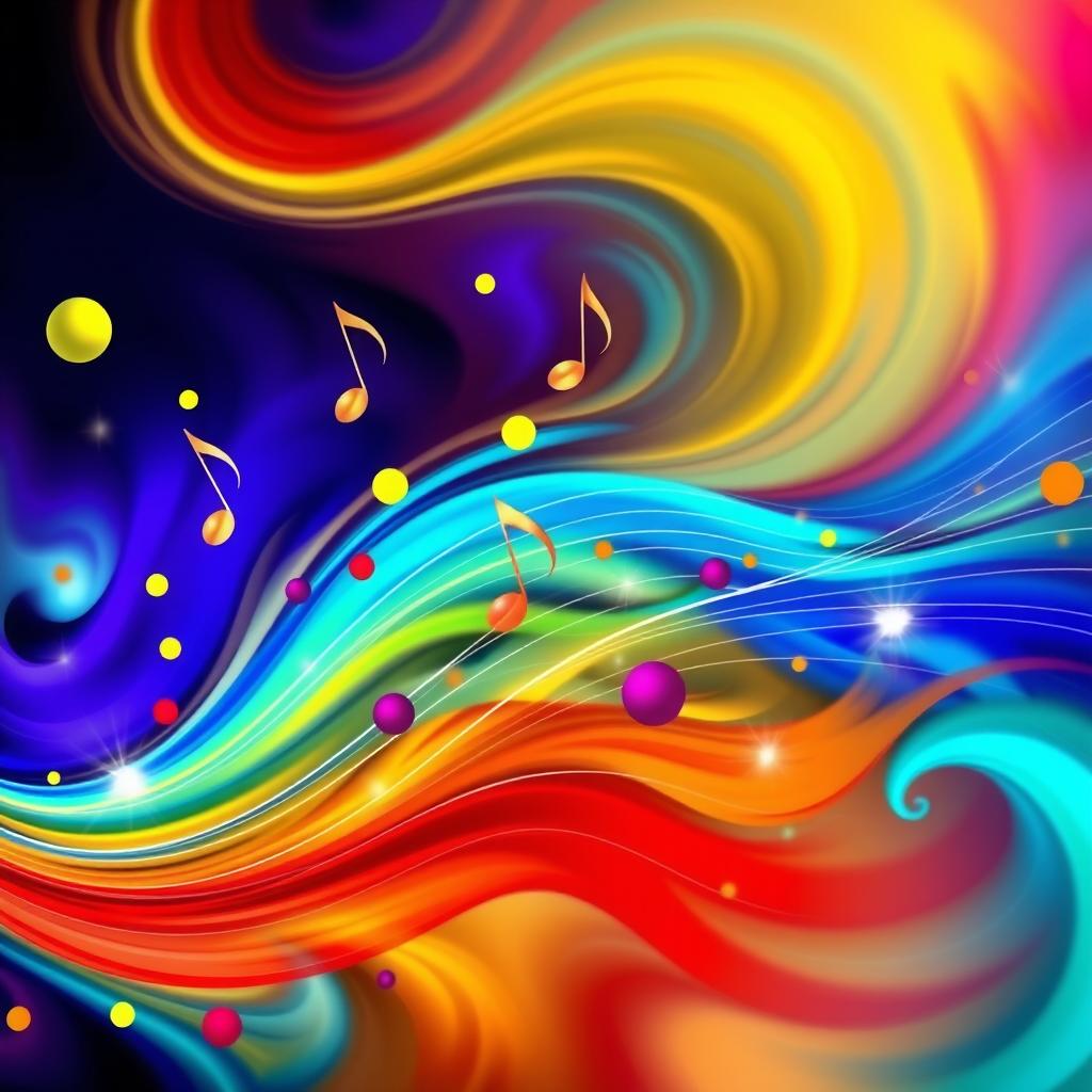 An abstract representation of music, featuring vibrant swirling colors that represent sound waves in motion, with musical notes floating and intertwining among the colors