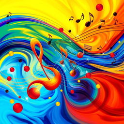 An abstract representation of music, featuring vibrant swirling colors that represent sound waves in motion, with musical notes floating and intertwining among the colors