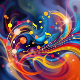 An abstract representation of music, featuring vibrant swirling colors that represent sound waves in motion, with musical notes floating and intertwining among the colors