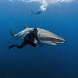 A scuba diver, equipped with full gear, bravely swimming near a large, imposing shark in the deep blue ocean.