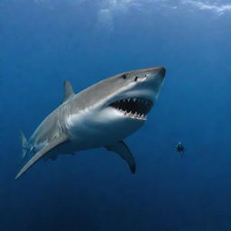 A scuba diver, equipped with full gear, bravely swimming near a large, imposing shark in the deep blue ocean.