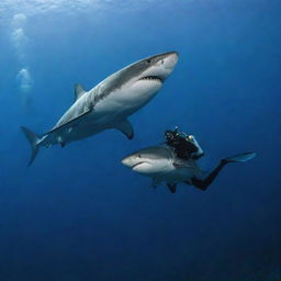 A scuba diver, equipped with full gear, bravely swimming near a large, imposing shark in the deep blue ocean.