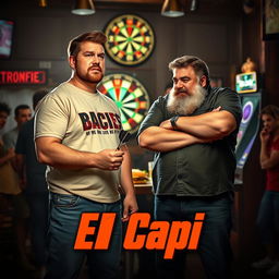 In an 80s movie style, a 25-year-old man, who is stocky, very tall, and in poor physical shape, holds a set of darts in his hand