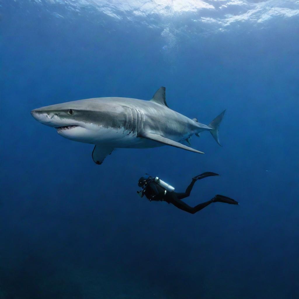 A scuba diver, equipped with full gear, bravely swimming near a large, imposing shark in the deep blue ocean.