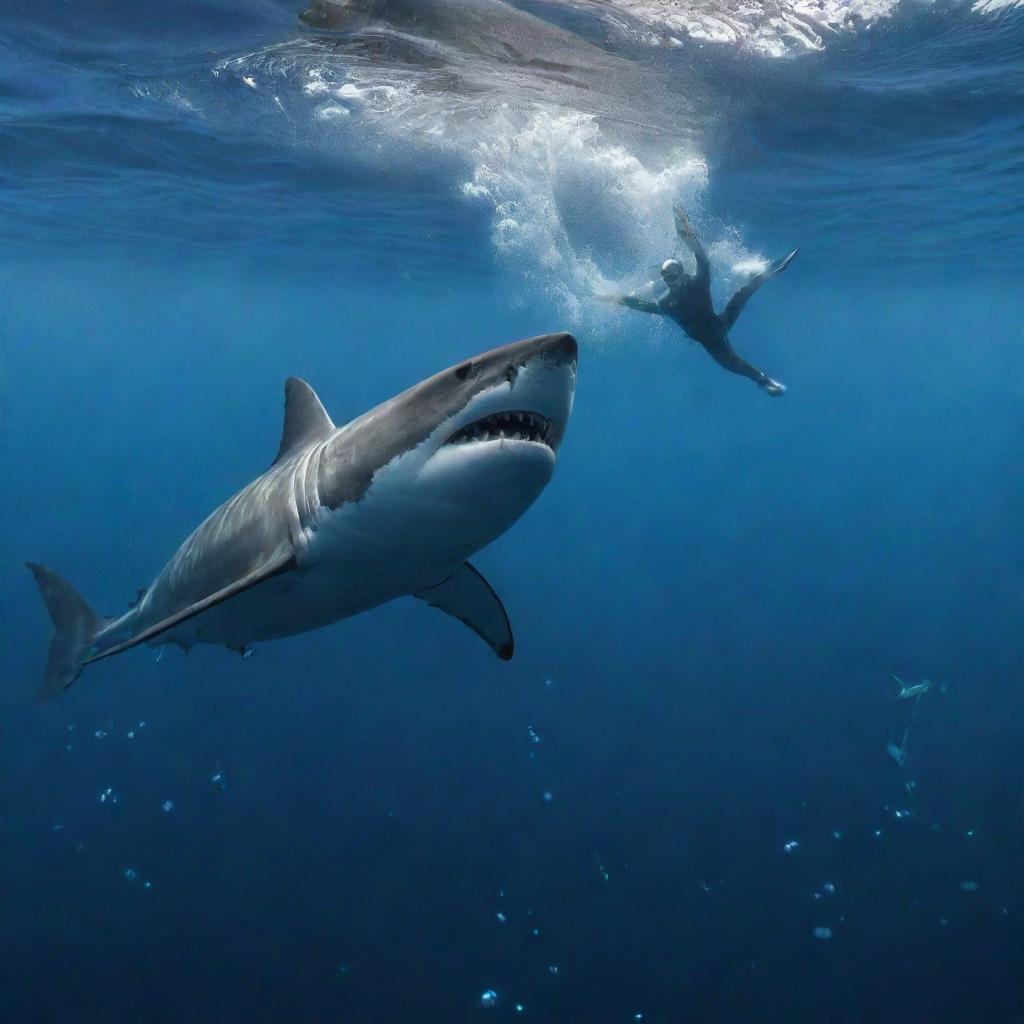 A high-tension scene in the deep ocean with a large, predatory shark lunging towards a courageous scuba diver, creating a wave of bubbles around.