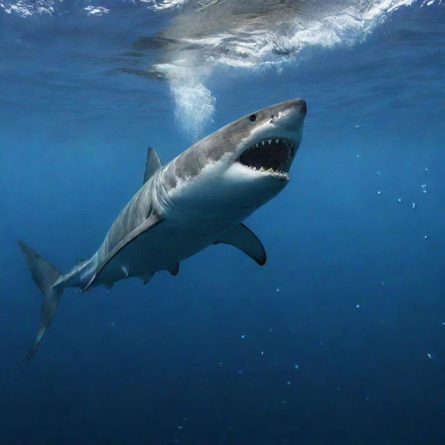 A high-tension scene in the deep ocean with a large, predatory shark lunging towards a courageous scuba diver, creating a wave of bubbles around.