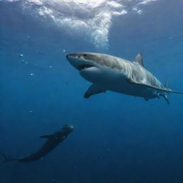 A high-tension scene in the deep ocean with a large, predatory shark lunging towards a courageous scuba diver, creating a wave of bubbles around.