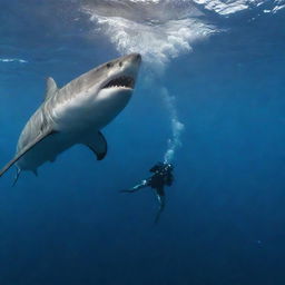 A high-tension scene in the deep ocean with a large, predatory shark lunging towards a courageous scuba diver, creating a wave of bubbles around.