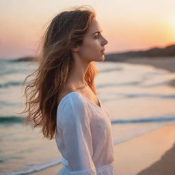 A aesthetically pleasing young lady relishing a vibrant sunset on a tranquil beach, her hair gently tousled by the sea breeze.