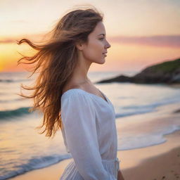 A aesthetically pleasing young lady relishing a vibrant sunset on a tranquil beach, her hair gently tousled by the sea breeze.