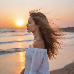 A aesthetically pleasing young lady relishing a vibrant sunset on a tranquil beach, her hair gently tousled by the sea breeze.