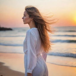 A aesthetically pleasing young lady relishing a vibrant sunset on a tranquil beach, her hair gently tousled by the sea breeze.