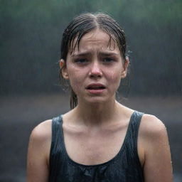 A distraught young girl standing in a heavy downpour, soaked to the skin and crying, her features a portrayal of profound sadness.