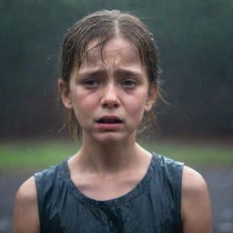 A distraught young girl standing in a heavy downpour, soaked to the skin and crying, her features a portrayal of profound sadness.