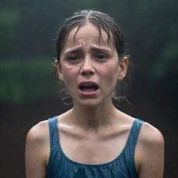 A distraught young girl standing in a heavy downpour, soaked to the skin and crying, her features a portrayal of profound sadness.