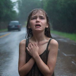 A distraught young girl standing in a heavy downpour, soaked to the skin and crying, her features a portrayal of profound sadness.