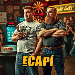 In a 1950s movie style, a 25-year-old man who is stocky, very tall, and in poor physical shape holds a set of darts in his hand