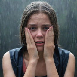 A saddened teenage girl caught in a torrential downpour, her clothes soaked and clinging to her, tears streaming down her face in a display of deep sorrow.