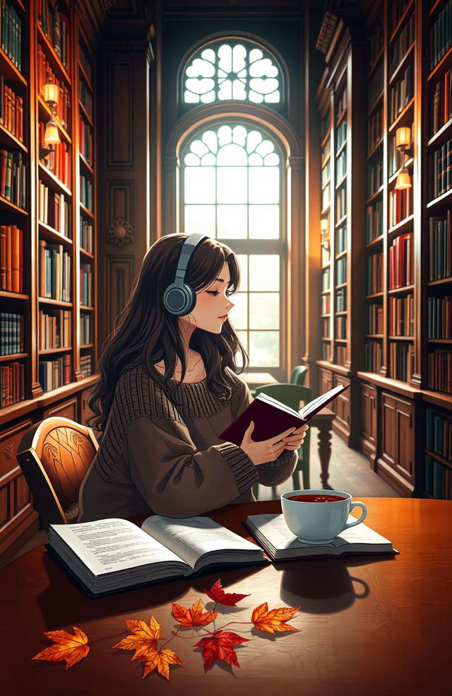 A serene scene of a girl sitting at a wooden table in a cozy library, deeply immersed in her music