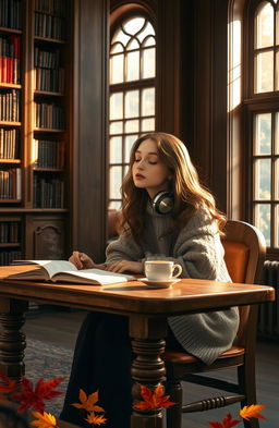 A serene scene of a girl sitting at a wooden table in a cozy library, deeply immersed in her music