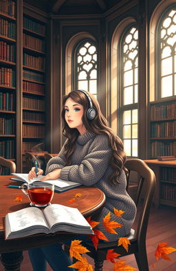 A serene scene of a girl sitting at a wooden table in a cozy library, deeply immersed in her music