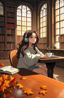 A serene scene of a girl sitting at a wooden table in a cozy library, deeply immersed in her music