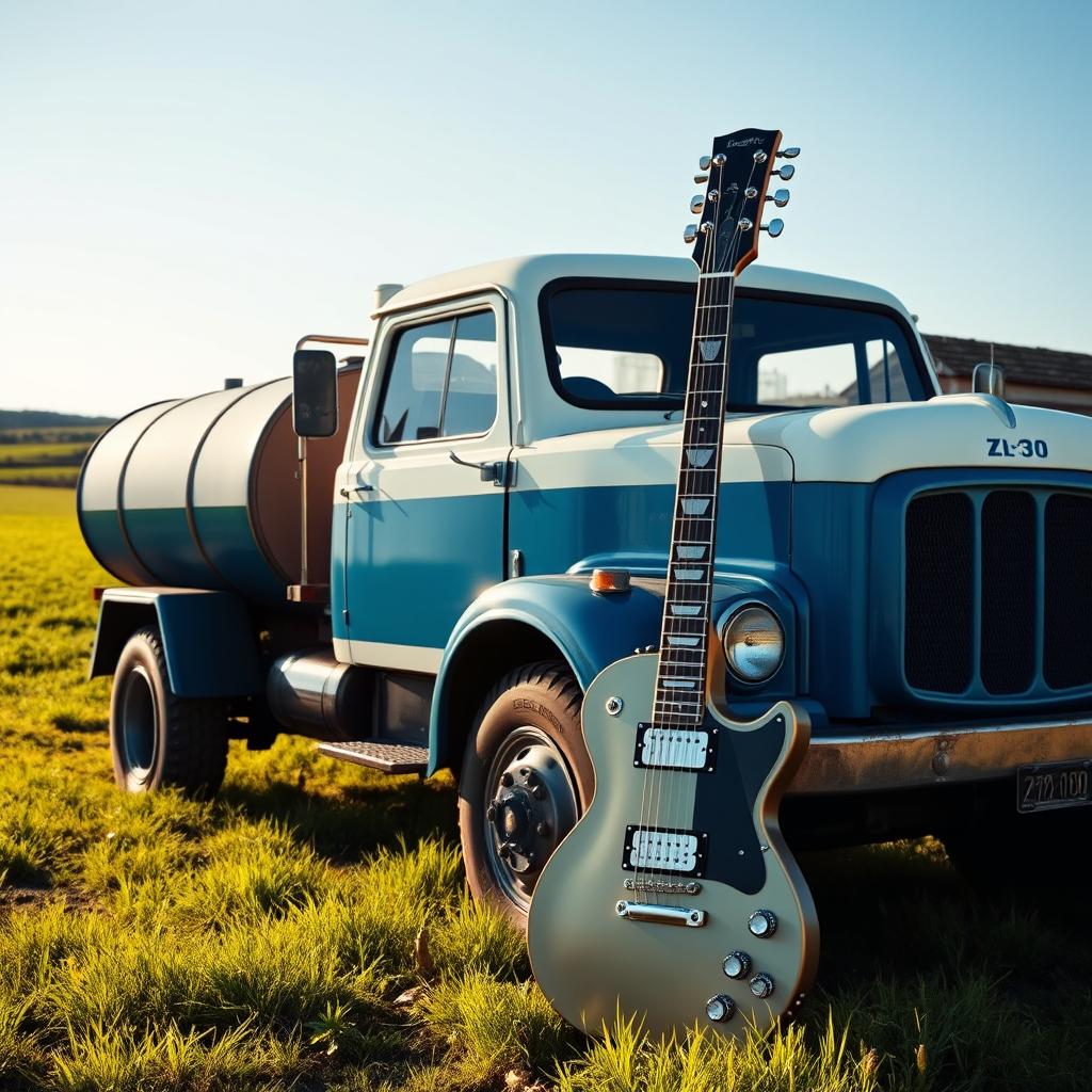 A ZIL-130 truck with a barrel trailer, parked in an open field