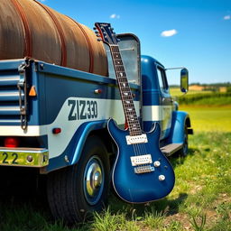 A ZIL-130 truck with a barrel trailer, parked in an open field