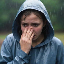 A saddened teenage girl caught in a torrential downpour, her clothes soaked and clinging to her, tears streaming down her face in a display of deep sorrow.