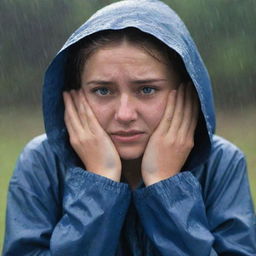 A saddened teenage girl caught in a torrential downpour, her clothes soaked and clinging to her, tears streaming down her face in a display of deep sorrow.