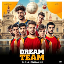 A vibrant movie poster for a film titled "Dream Team" set in Salamanca, featuring a sports theme centered around volleyball