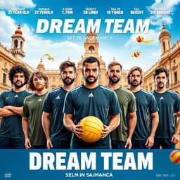 A vibrant movie poster for a film titled "Dream Team" set in Salamanca, featuring a sports theme centered around volleyball