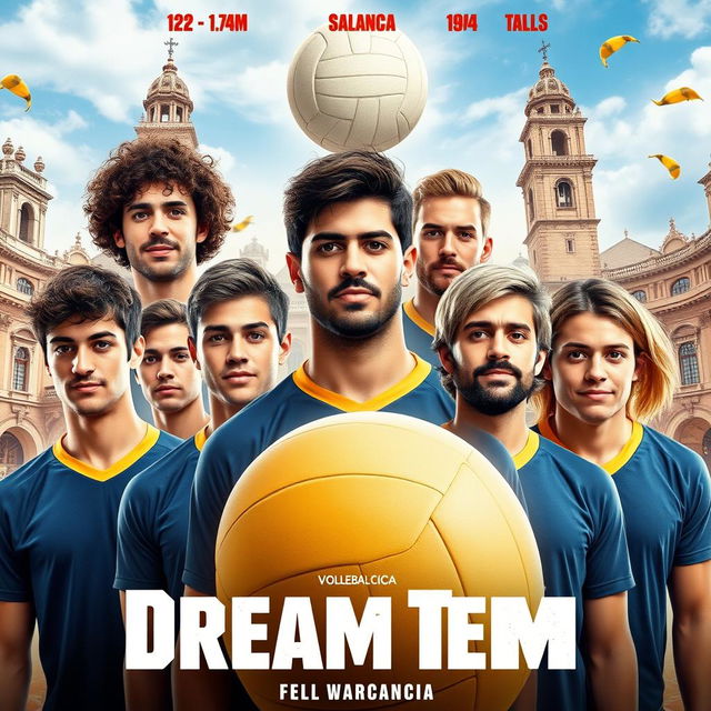 A vibrant movie poster for a film titled "Dream Team" set in Salamanca, featuring a sports theme centered around volleyball