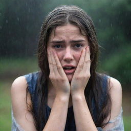 A saddened teenage girl caught in a torrential downpour, her clothes soaked and clinging to her, tears streaming down her face in a display of deep sorrow.