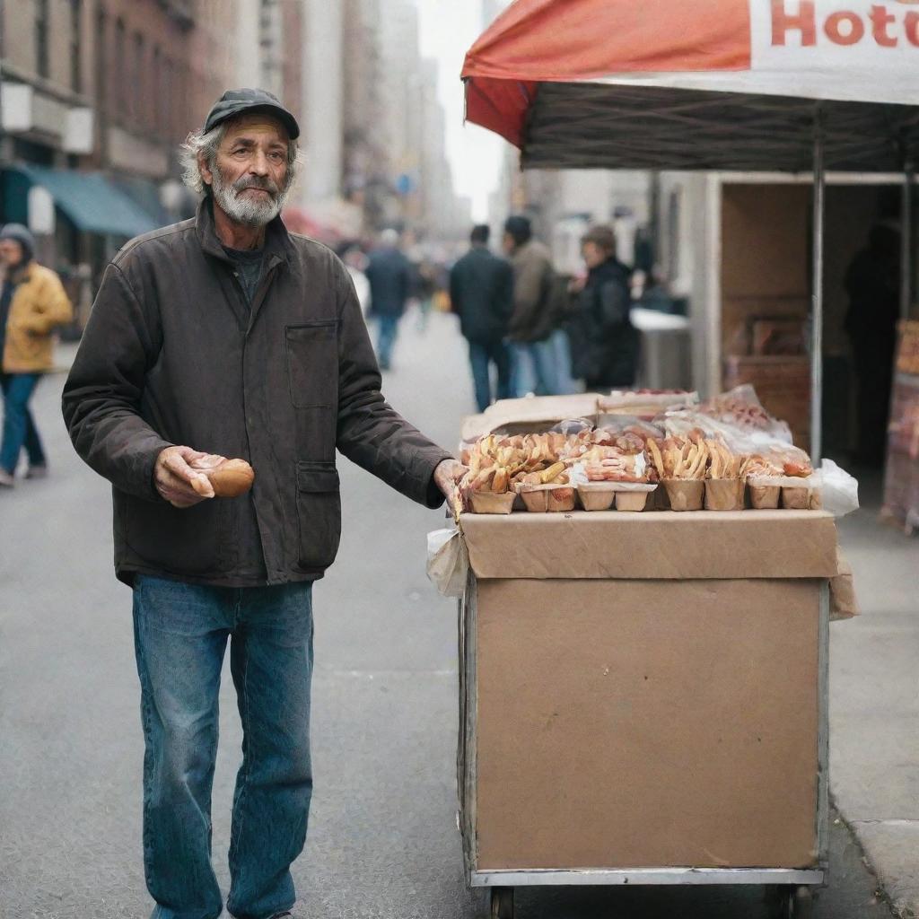 A homeless man with a weathered appearance, standing on the side of a bustling city street, earnestly selling hot dogs from a makeshift stand.