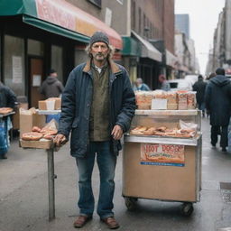 A homeless man with a weathered appearance, standing on the side of a bustling city street, earnestly selling hot dogs from a makeshift stand.